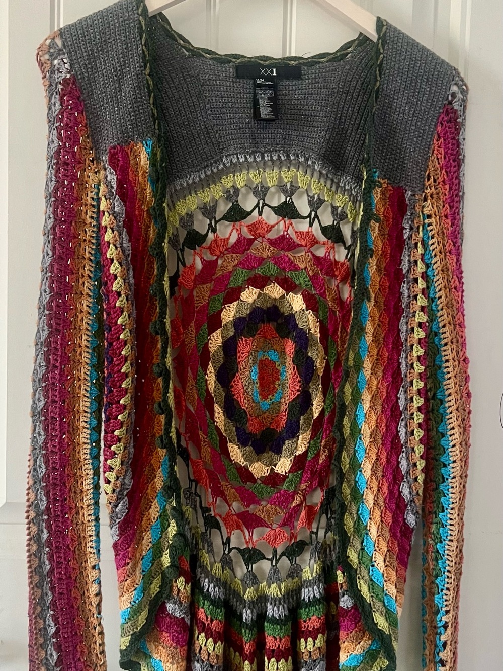 Forever 21 Multicolor Crochet Open-Front Cardigan with Gray Trim
